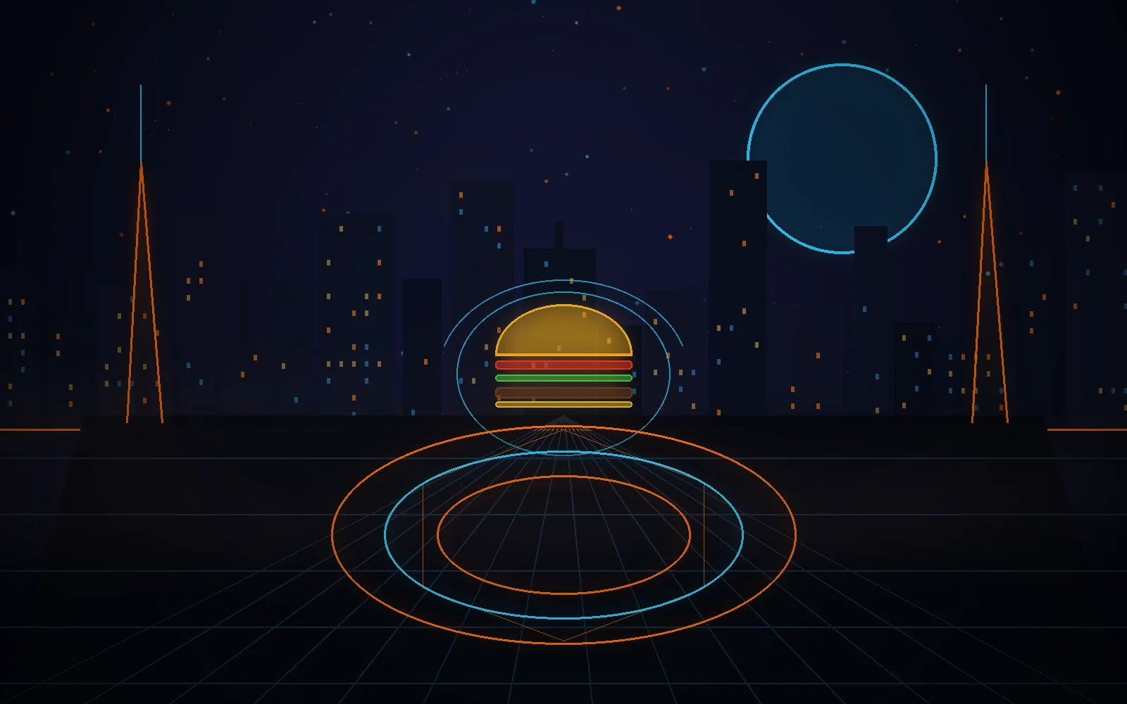 Futuristic rooftop arena with a burger beacon, skyline, and glowing landing grid